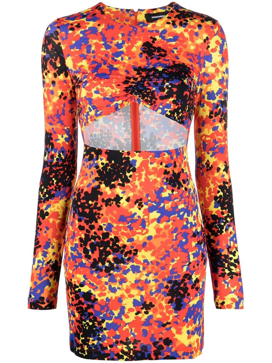 Dsquared2 Printed Cut-Out Mini Dress For Women Bold Cut-Out Detail All-Over Multicolor Print