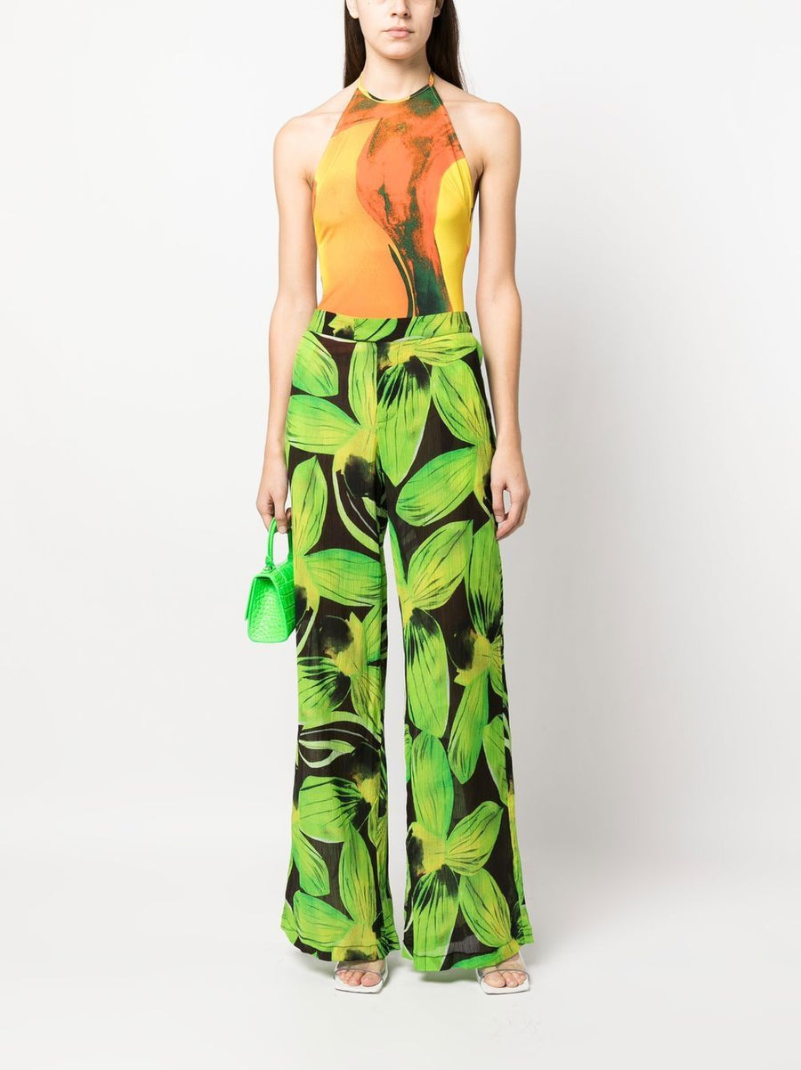 Louisa Ballou Printed Wide Leg Trousers With Bold Leaves Pattern For Women High Waist Comfort Resort Ready