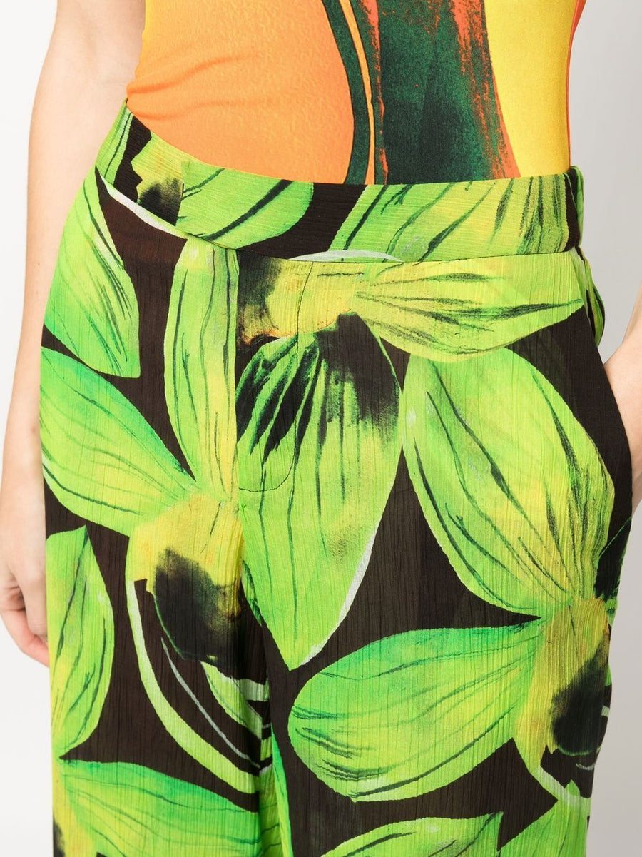 Louisa Ballou Printed Wide Leg Trousers With Bold Leaves Pattern For Women High Waist Comfort Resort Ready