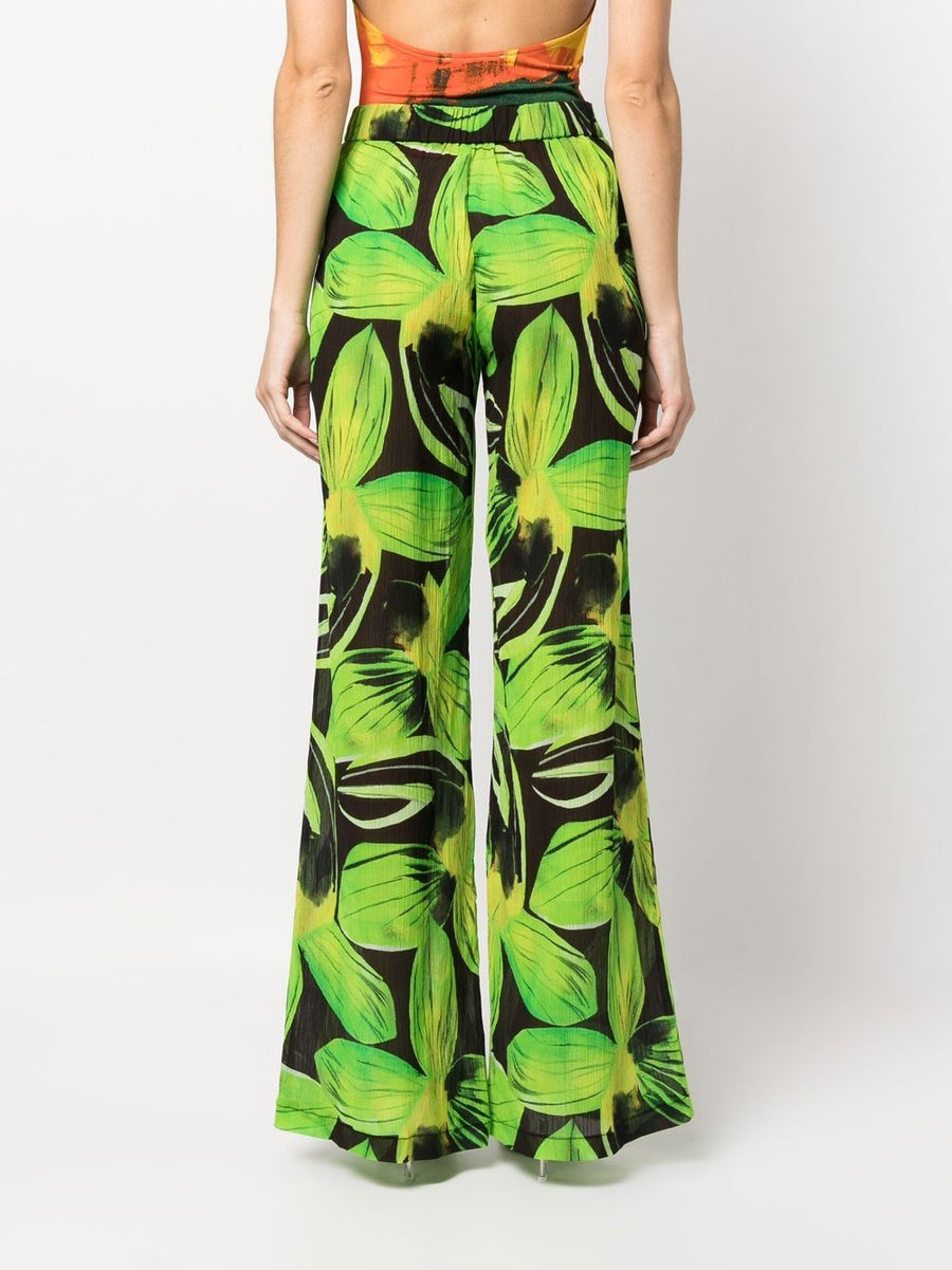 Louisa Ballou Printed Wide Leg Trousers With Bold Leaves Pattern For Women High Waist Comfort Resort Ready