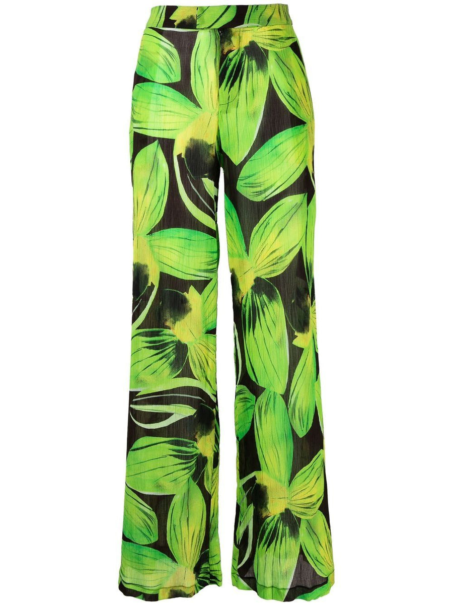 Louisa Ballou Printed Wide Leg Trousers With Bold Leaves Pattern For Women High Waist Comfort Resort Ready