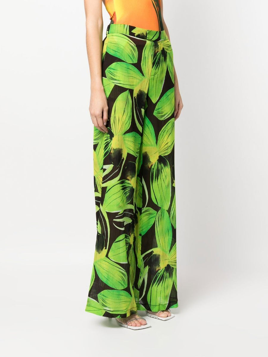 Louisa Ballou Printed Wide Leg Trousers With Bold Leaves Pattern For Women High Waist Comfort Resort Ready