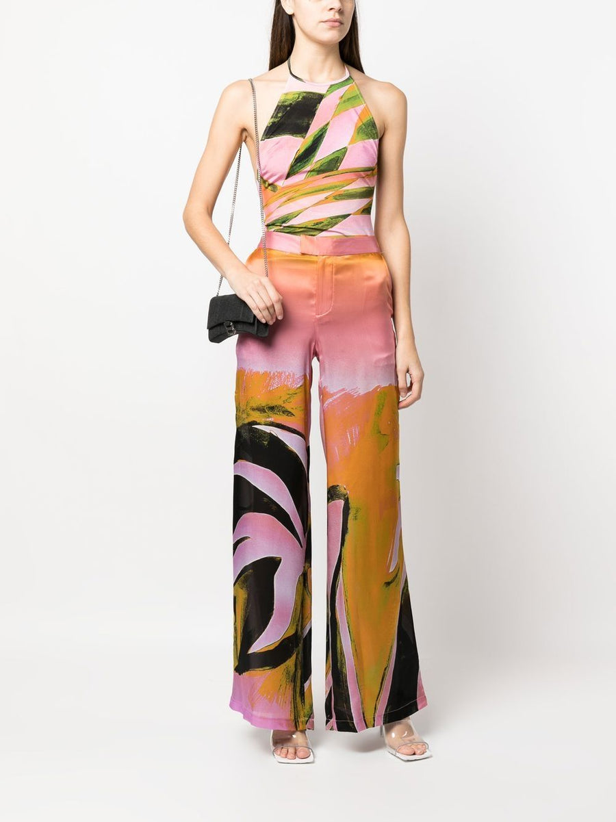 Louisa Ballou Silk Printed Wide Leg Trousers For Women Hi Waist Resort Graphic Print Multicolor Yellow Accents