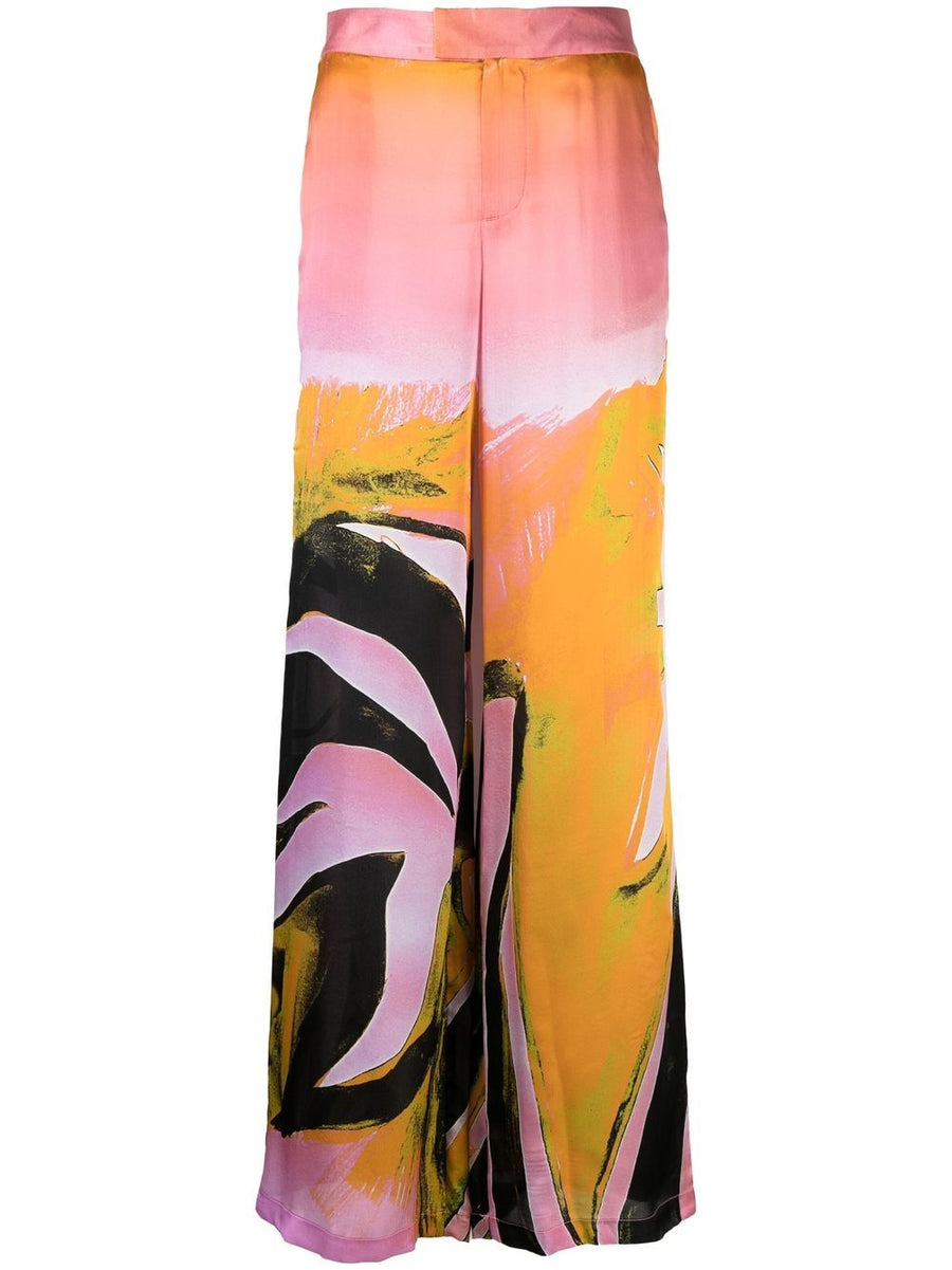 Louisa Ballou Silk Printed Wide Leg Trousers For Women Hi Waist Resort Graphic Print Multicolor Yellow Accents
