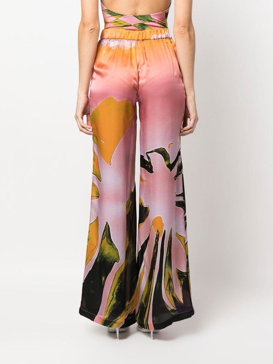 Louisa Ballou Silk Printed Wide Leg Trousers For Women Hi Waist Resort Graphic Print Multicolor Yellow Accents