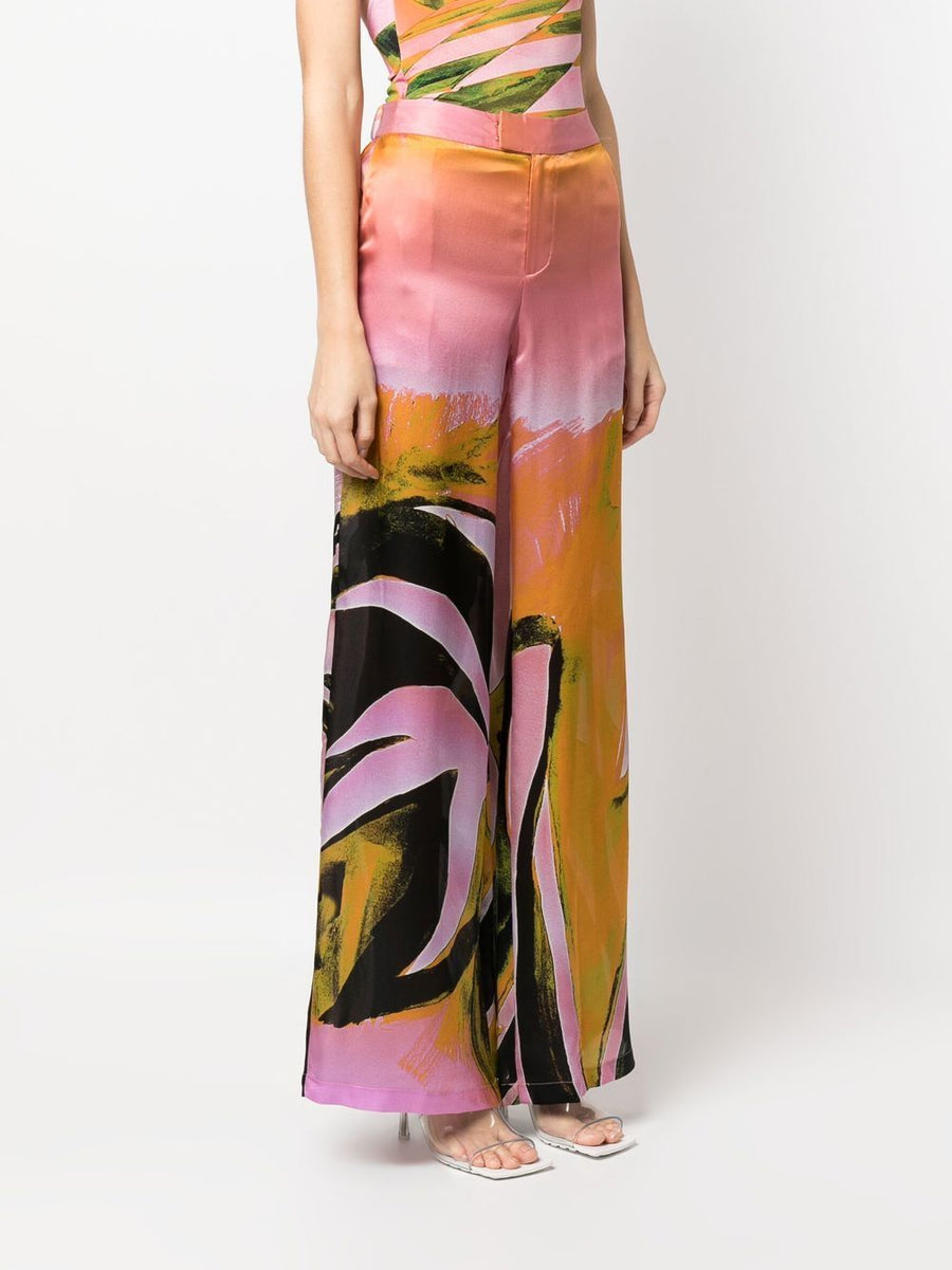 Louisa Ballou Silk Printed Wide Leg Trousers For Women Hi Waist Resort Graphic Print Multicolor Yellow Accents