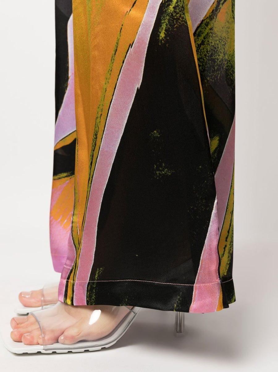 Louisa Ballou Silk Printed Wide Leg Trousers For Women Hi Waist Resort Graphic Print Multicolor Yellow Accents