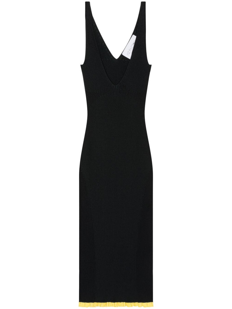 AZ Factory By Ester Manas V Neck Ribbed Knit Midi Dress For Women Plunging Neckline Scallop Hem