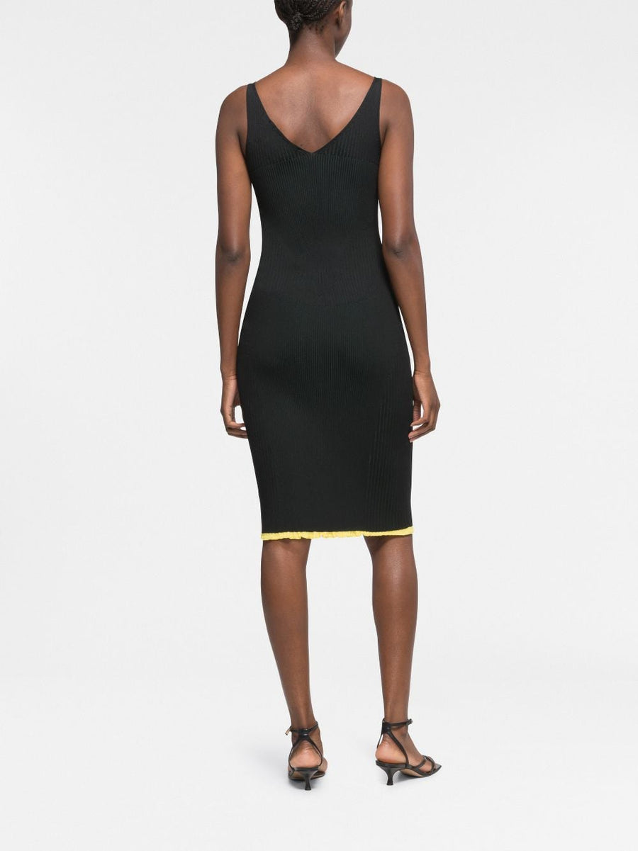 AZ Factory By Ester Manas V Neck Ribbed Knit Midi Dress For Women Plunging Neckline Scallop Hem