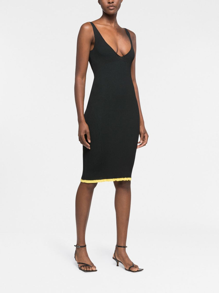 AZ Factory By Ester Manas V Neck Ribbed Knit Midi Dress For Women Plunging Neckline Scallop Hem