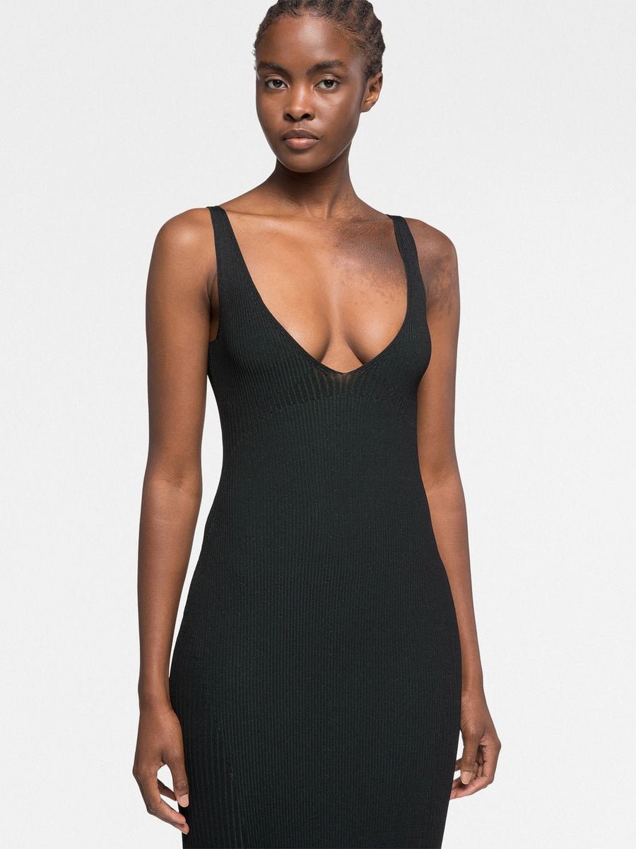 AZ Factory By Ester Manas V Neck Ribbed Knit Midi Dress For Women Plunging Neckline Scallop Hem