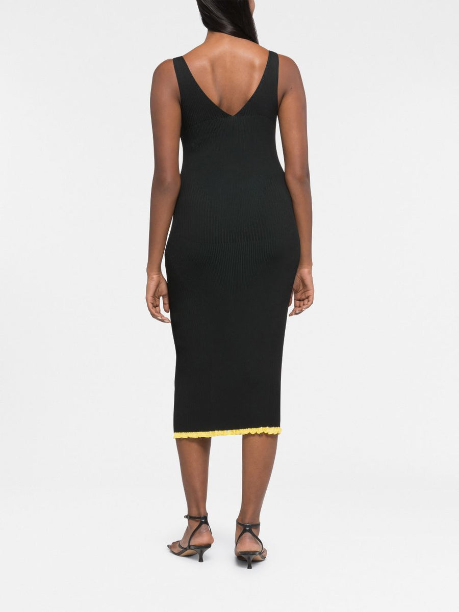 AZ Factory By Ester Manas V Neck Ribbed Knit Midi Dress For Women Plunging Neckline Scallop Hem