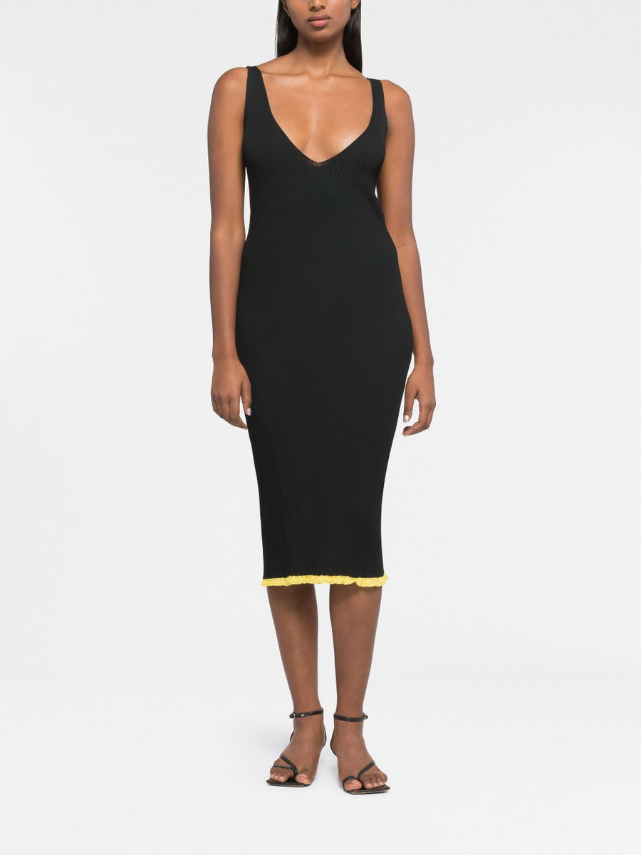 AZ Factory By Ester Manas V Neck Ribbed Knit Midi Dress For Women Plunging Neckline Scallop Hem