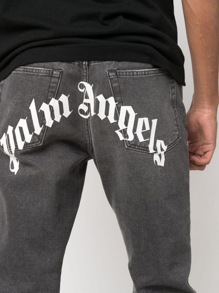 Palm Angels Curved Logo Denim Jeans For Men Premium Urban Straight Leg Mid Rise Signature Look