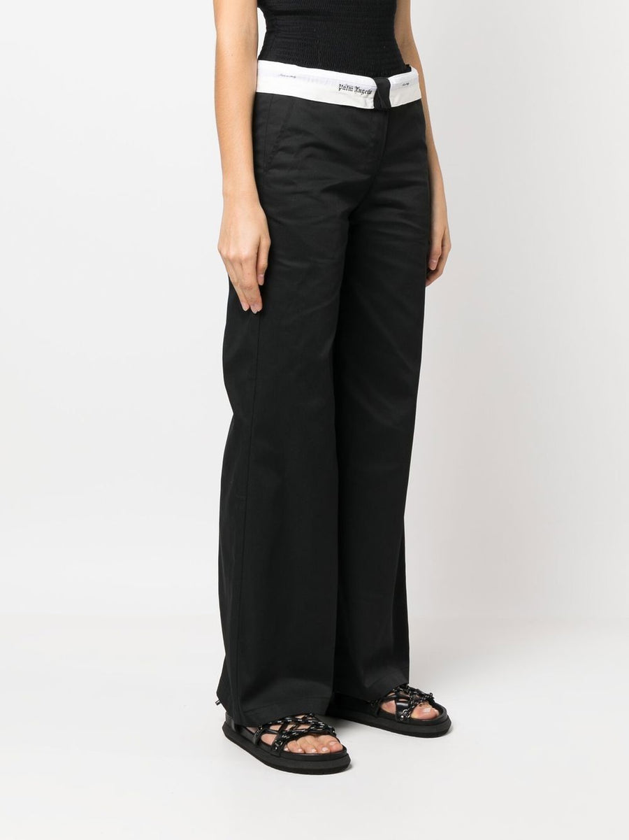 Palm Angels Flare Leg Trousers Reversed Logo Waistband Cotton Blend Bold Luxury For Women Statement Silhouette