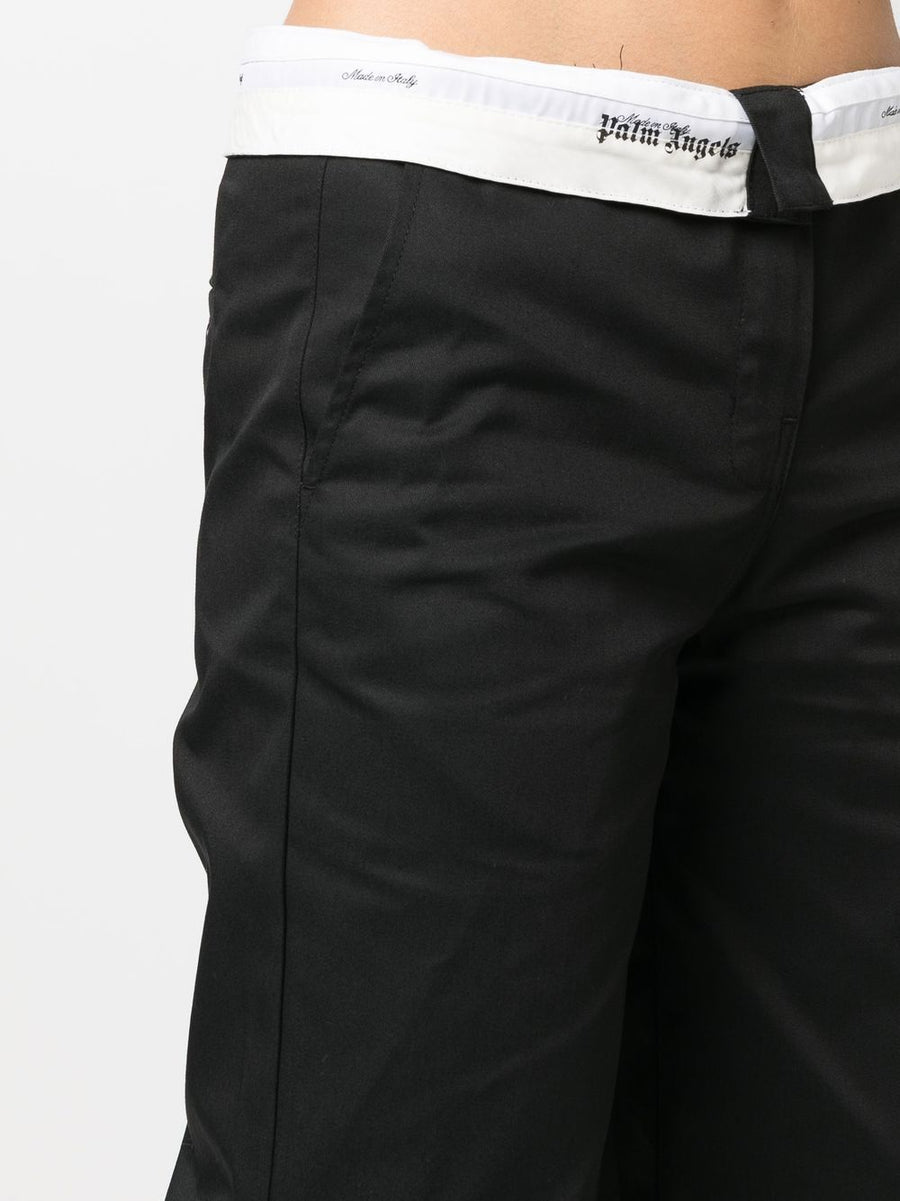 Palm Angels Flare Leg Trousers Reversed Logo Waistband Cotton Blend Bold Luxury For Women Statement Silhouette