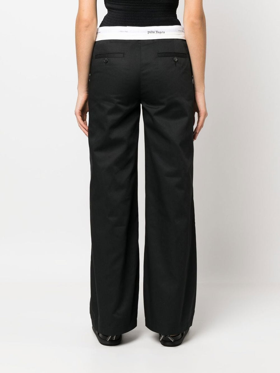 Palm Angels Flare Leg Trousers Reversed Logo Waistband Cotton Blend Bold Luxury For Women Statement Silhouette