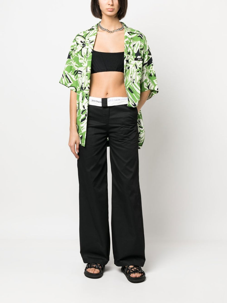 Palm Angels Flare Leg Trousers Reversed Logo Waistband Cotton Blend Bold Luxury For Women Statement Silhouette