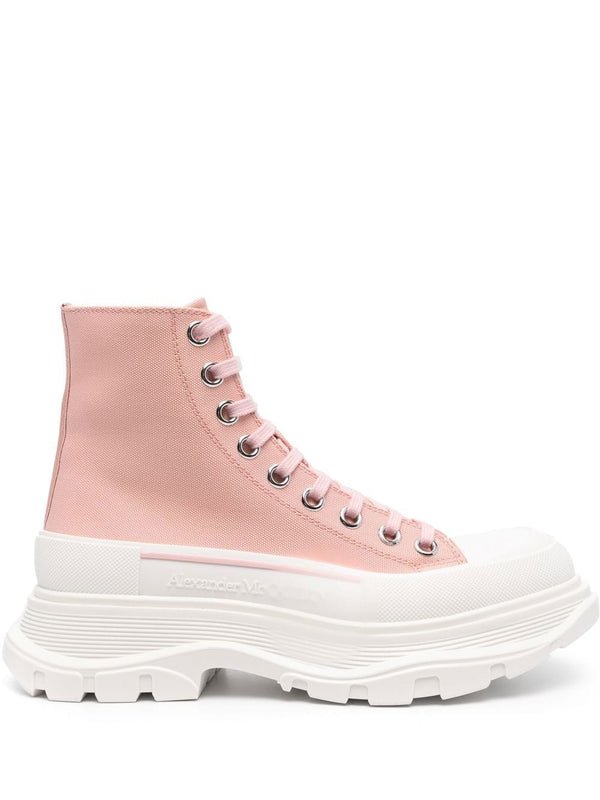 Alexander McQueen Tread Slick Ankle Boots For Women With Premium Fabric And Lace Closure For Modern Edge Pink White