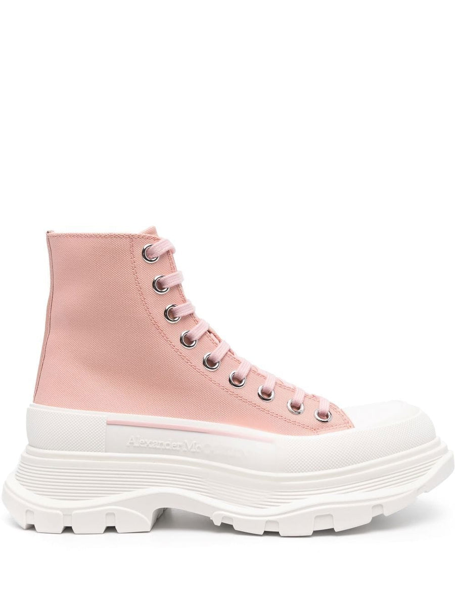 Alexander McQueen Tread Slick Ankle Boots For Women With Premium Fabric And Lace Closure For Modern Edge Pink White