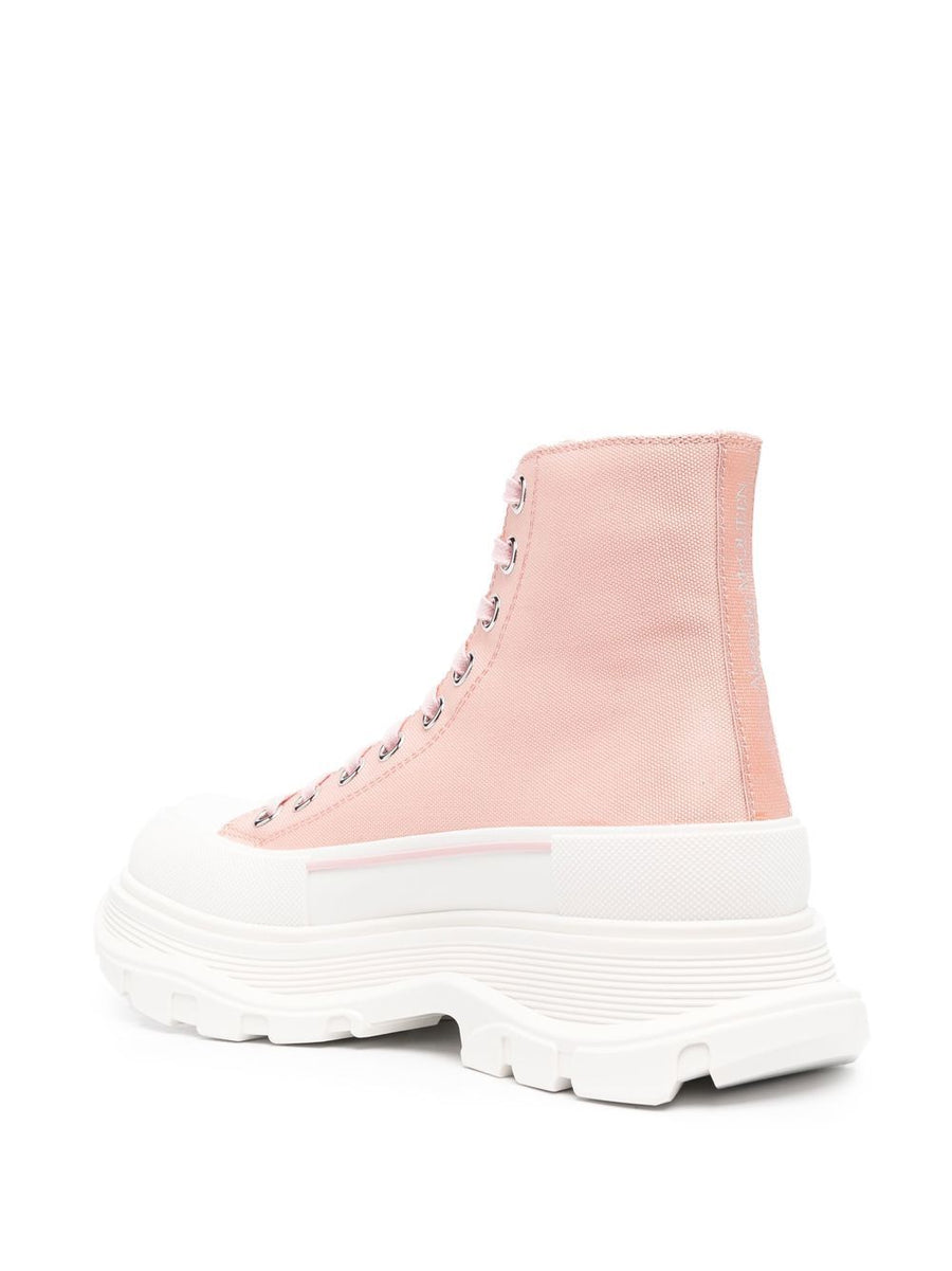 Alexander McQueen Tread Slick Ankle Boots For Women With Premium Fabric And Lace Closure For Modern Edge Pink White