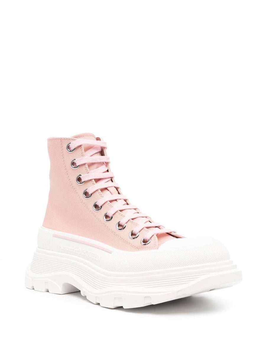 Alexander McQueen Tread Slick Ankle Boots For Women With Premium Fabric And Lace Closure For Modern Edge Pink White
