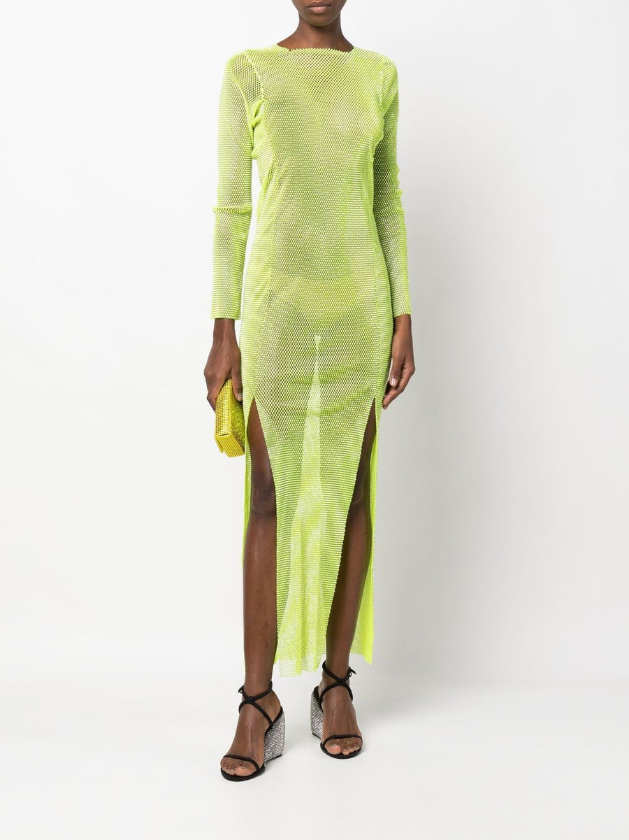 Santa Brand Lime Green Rhinestone Embellished Mesh Maxi Dress For Women Luxury Size Resort Evening Wear Statement Piece