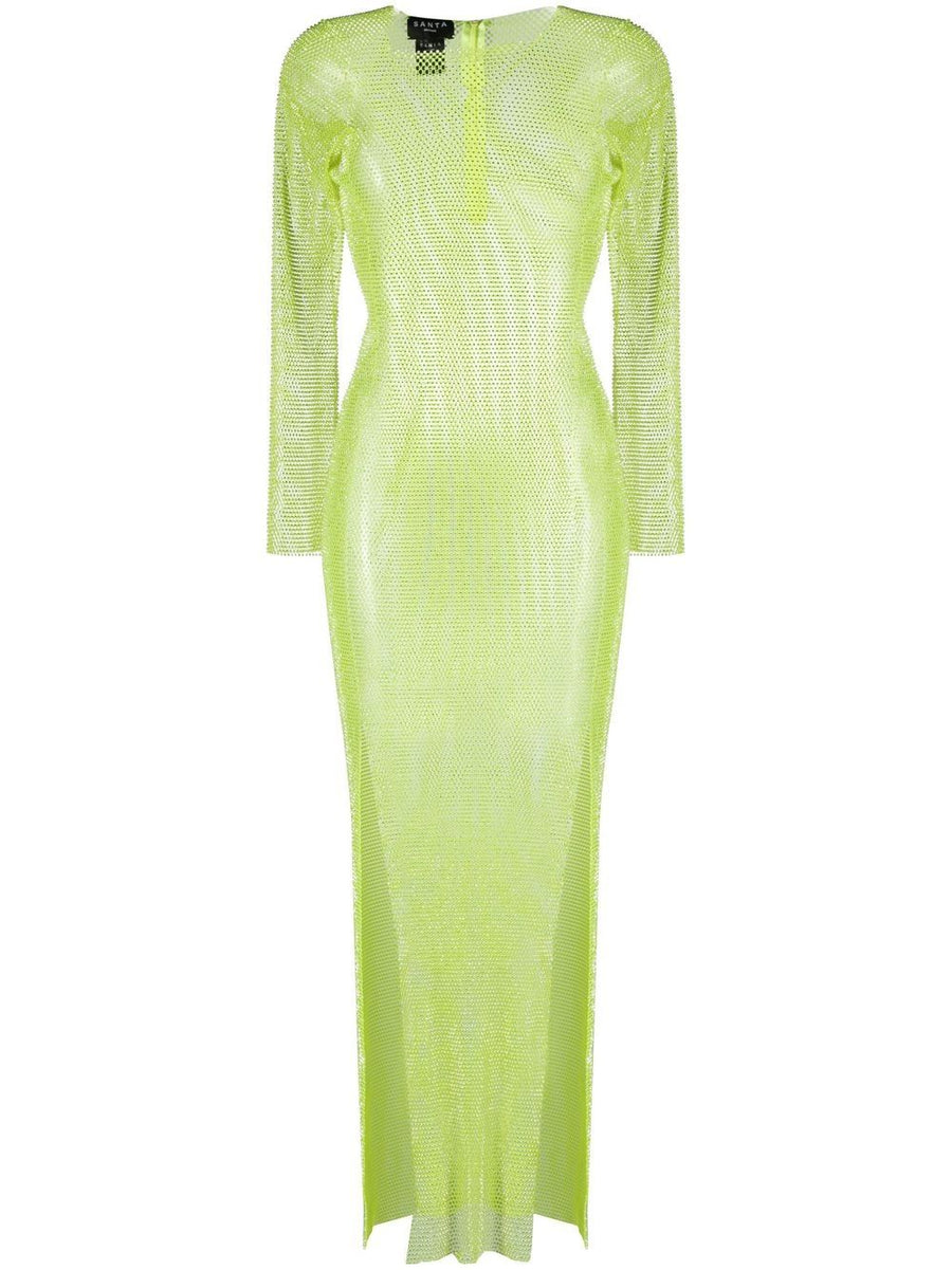 Santa Brand Lime Green Rhinestone Embellished Mesh Maxi Dress For Women Luxury Size Resort Evening Wear Statement Piece