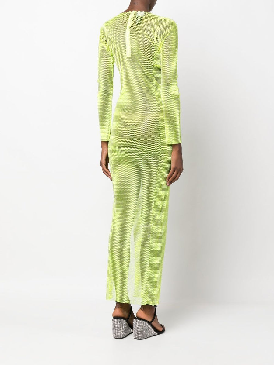 Santa Brand Lime Green Rhinestone Embellished Mesh Maxi Dress For Women Luxury Size Resort Evening Wear Statement Piece