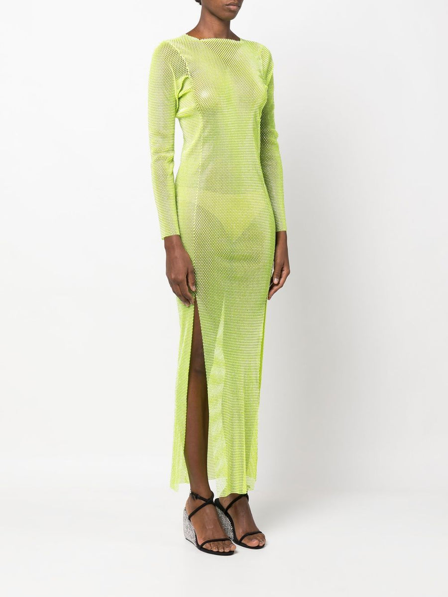 Santa Brand Lime Green Rhinestone Embellished Mesh Maxi Dress For Women Luxury Size Resort Evening Wear Statement Piece