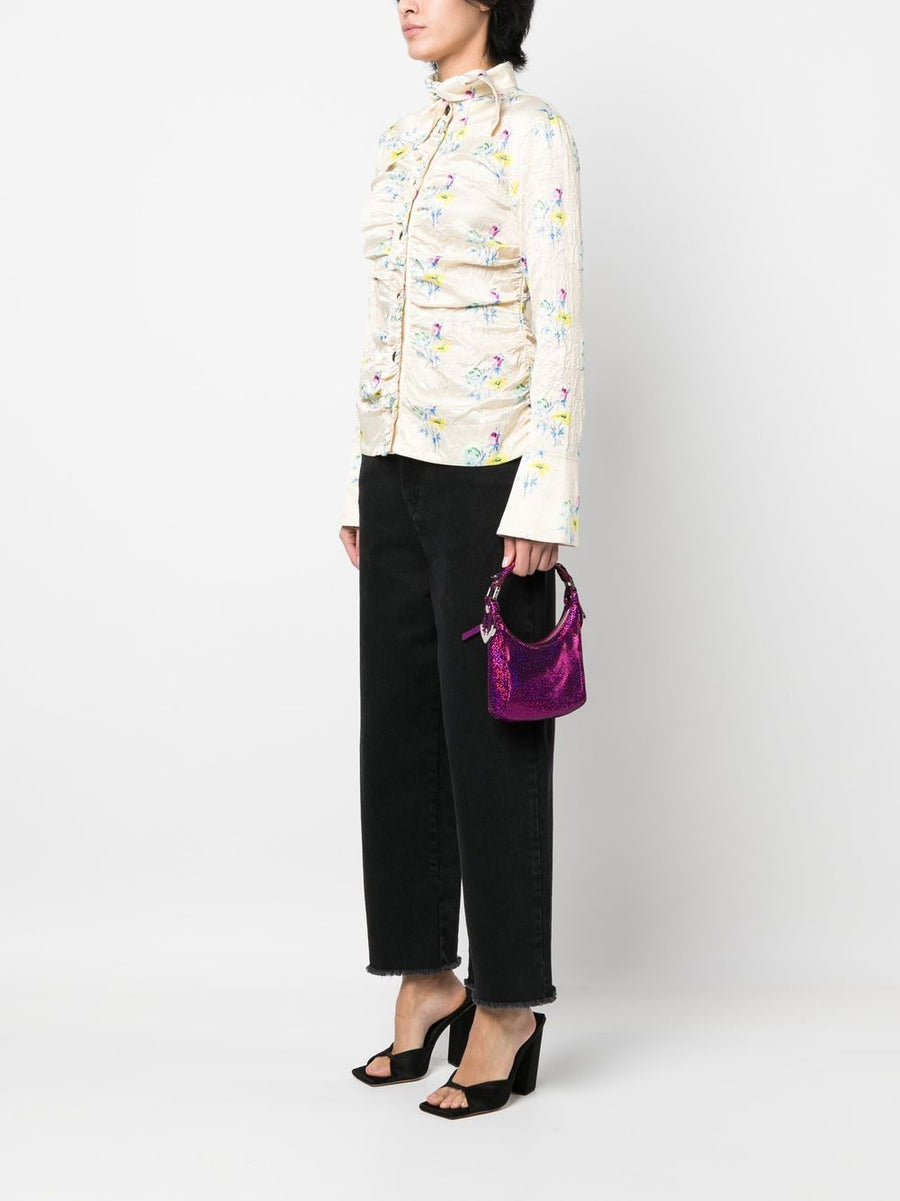 By Far Pre Cosmo Shoulder Bag Fuchsia Goat Skin With Metallic Finish Adjustable Handle And Detachable Strap Women