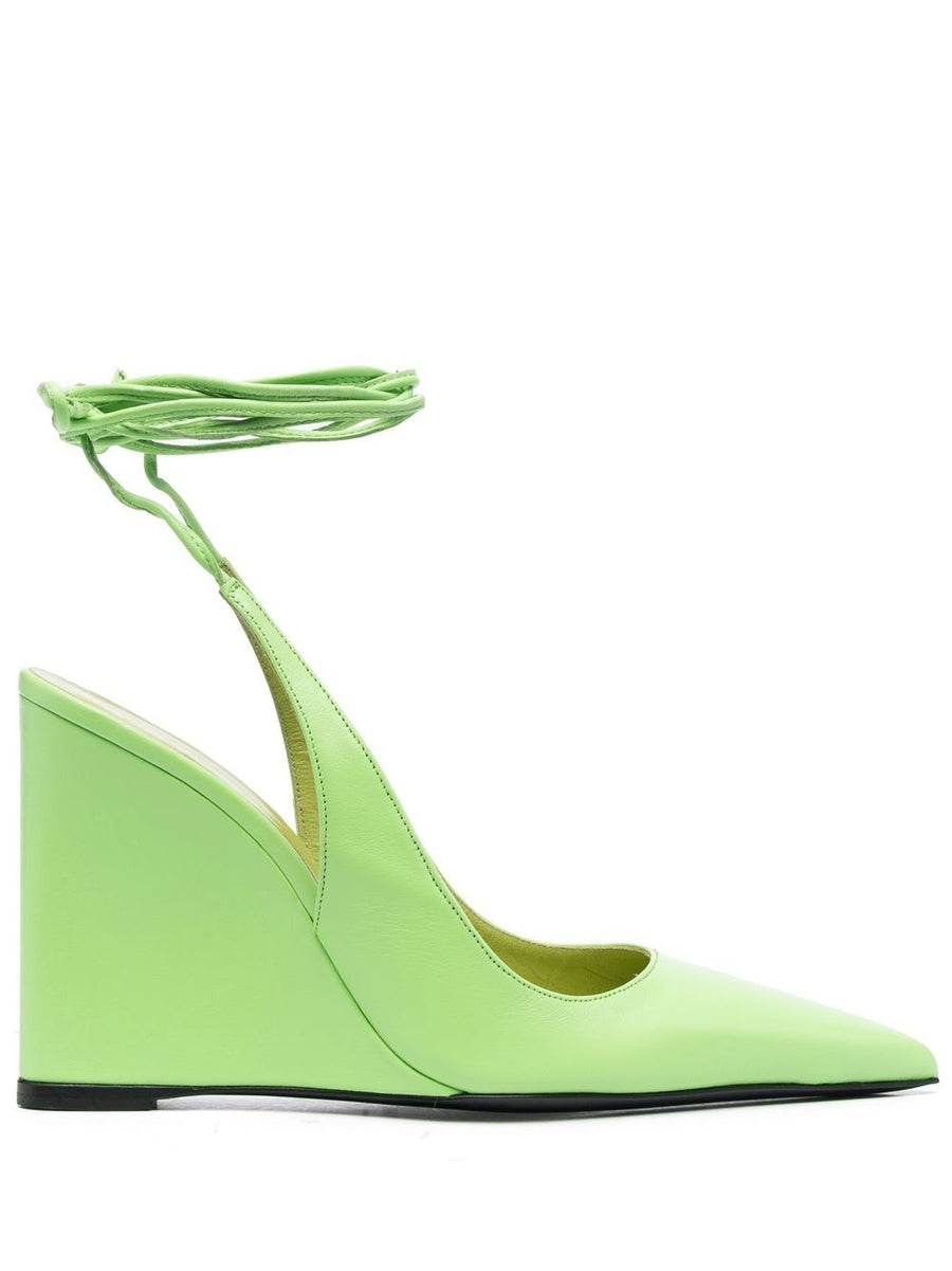 By Far Pre Vaughn Pumps With Back Strap Square Toe Two Straps Luxurious Green Calf Leather Wedge Heels For Women
