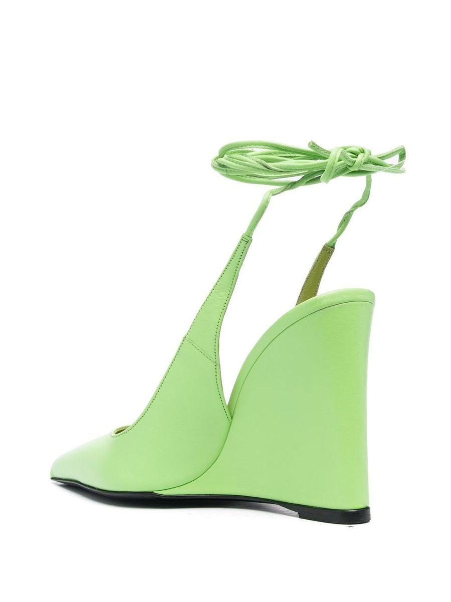 By Far Pre Vaughn Pumps With Back Strap Square Toe Two Straps Luxurious Green Calf Leather Wedge Heels For Women