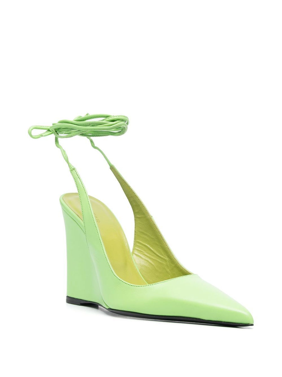 By Far Pre Vaughn Pumps With Back Strap Square Toe Two Straps Luxurious Green Calf Leather Wedge Heels For Women