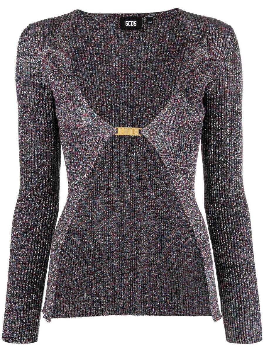 GCDS Logo Lurex Cardigan For Women With Glitter Detailing Luxurious Grey Knit Topwear