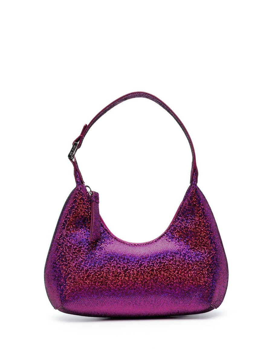 By Far Pre Glitter Detail Shoulder Bag For Women Fuchsia Goat Skin Compact Top Zip Evening Bag