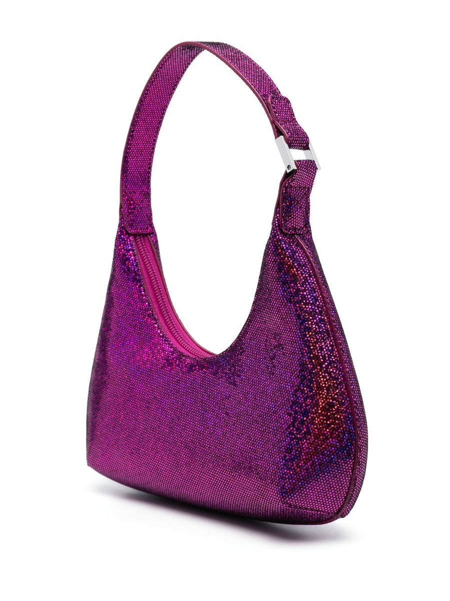 By Far Pre Glitter Detail Shoulder Bag For Women Fuchsia Goat Skin Compact Top Zip Evening Bag