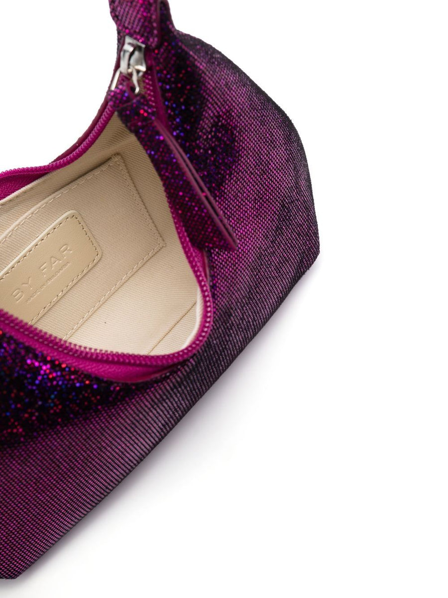 By Far Pre Glitter Detail Shoulder Bag For Women Fuchsia Goat Skin Compact Top Zip Evening Bag