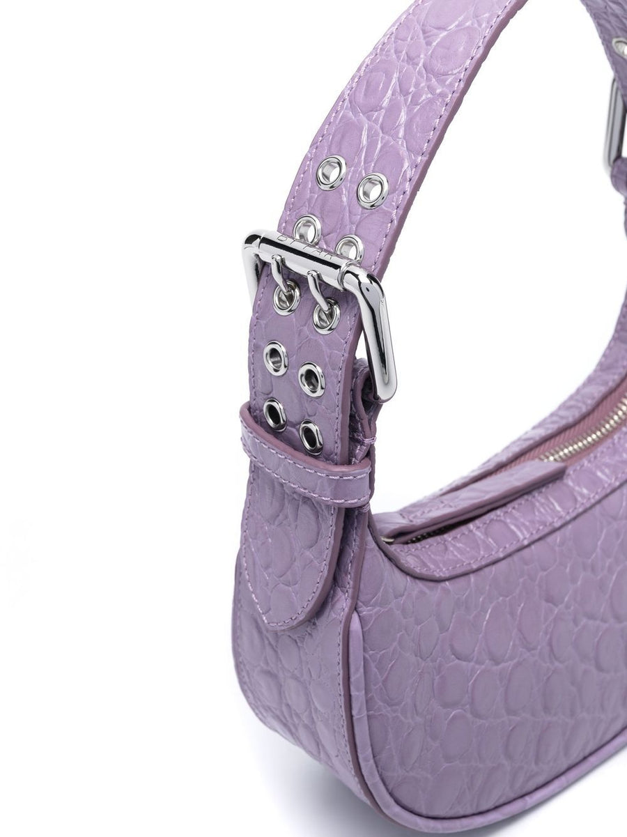 By Far Pre Mini Soho Crocodile Embossed Shoulder Bag Violet Calf Leather For Women Everyday Luxury