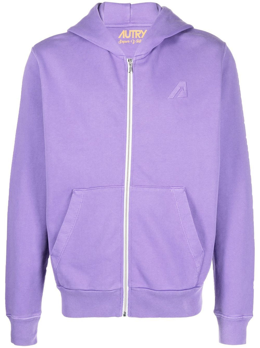 Autry Logo Cotton Hoodie Front Zip With Logo Applique Kangaroo Pockets Unisex Lilac