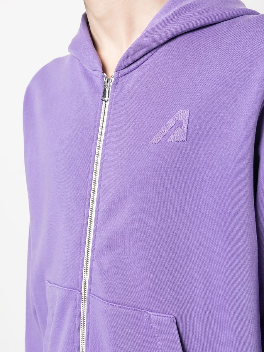 Autry Logo Cotton Hoodie Front Zip With Logo Applique Kangaroo Pockets Unisex Lilac