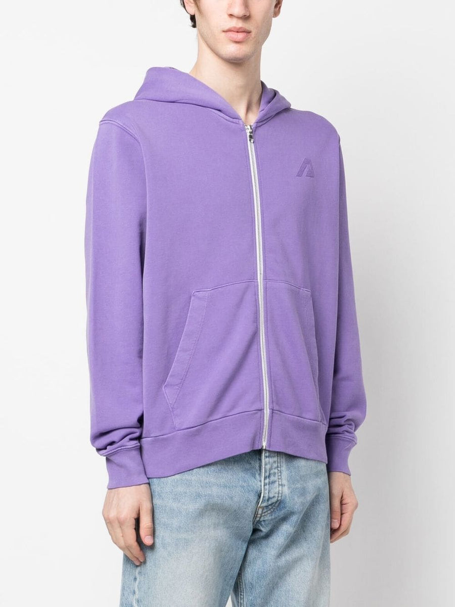 Autry Logo Cotton Hoodie Front Zip With Logo Applique Kangaroo Pockets Unisex Lilac