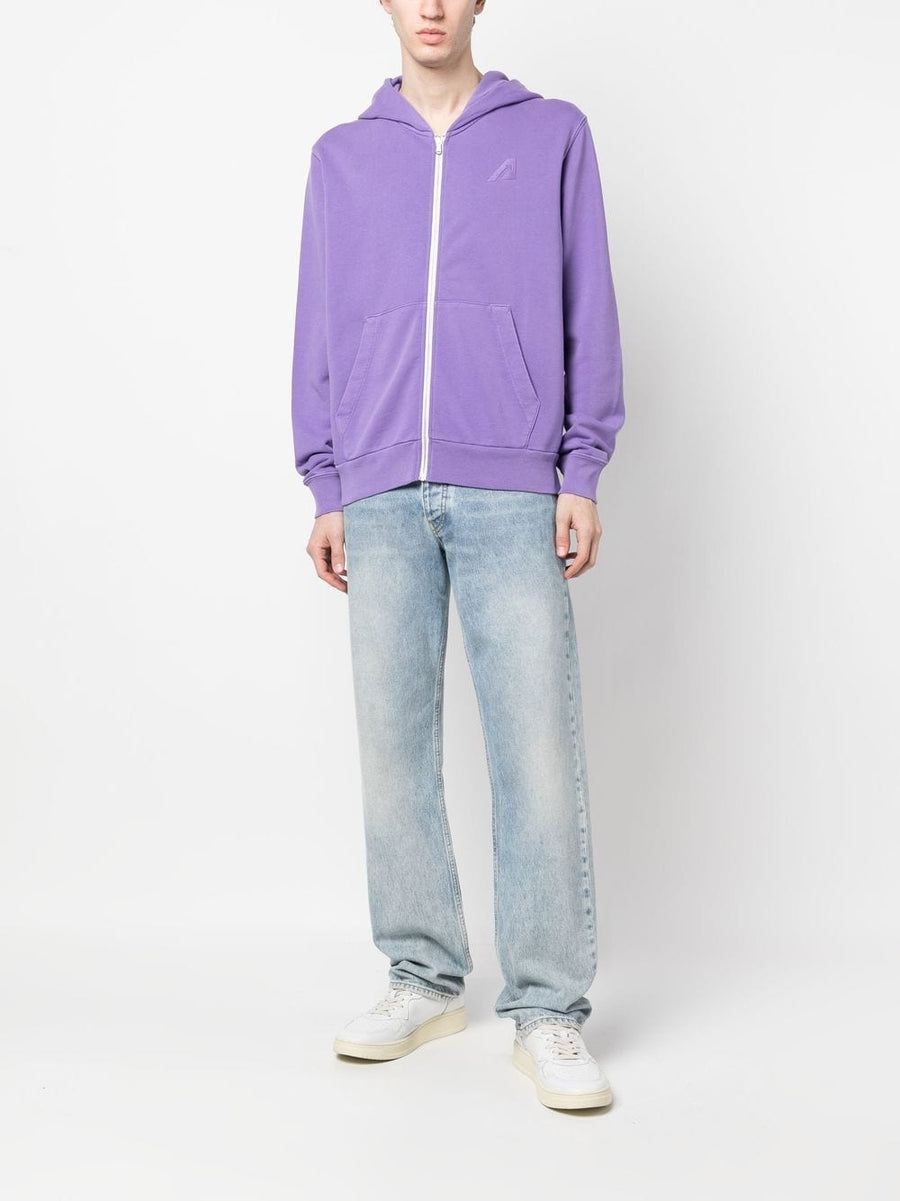 Autry Logo Cotton Hoodie Front Zip With Logo Applique Kangaroo Pockets Unisex Lilac