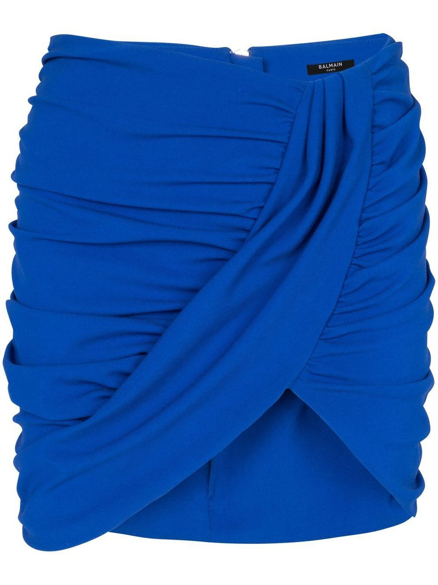 Balmain Ruched Mini Skirt Women Cobalt Blue Draped Jersey Evening Ready Luxury Statement Piece