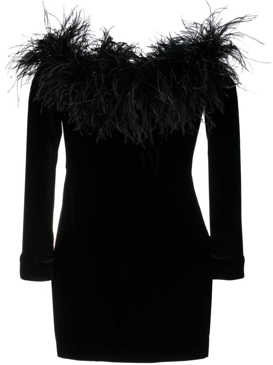 Alessandra Rich Feather Trim Velvet Mini Dress For Women Strapless Long Sleeve Fitted Waist Black Luxury