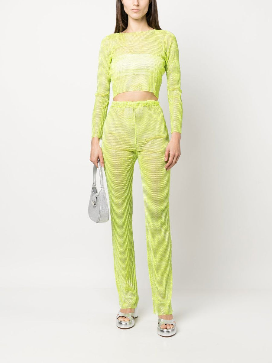 Santa Brand Sparkling Lime Green Rhinestone Trousers for Women Straight Leg High Waist Glam Party Wear