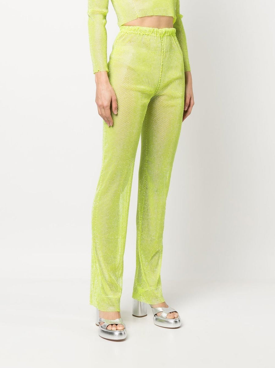 Santa Brand Sparkling Lime Green Rhinestone Trousers for Women Straight Leg High Waist Glam Party Wear