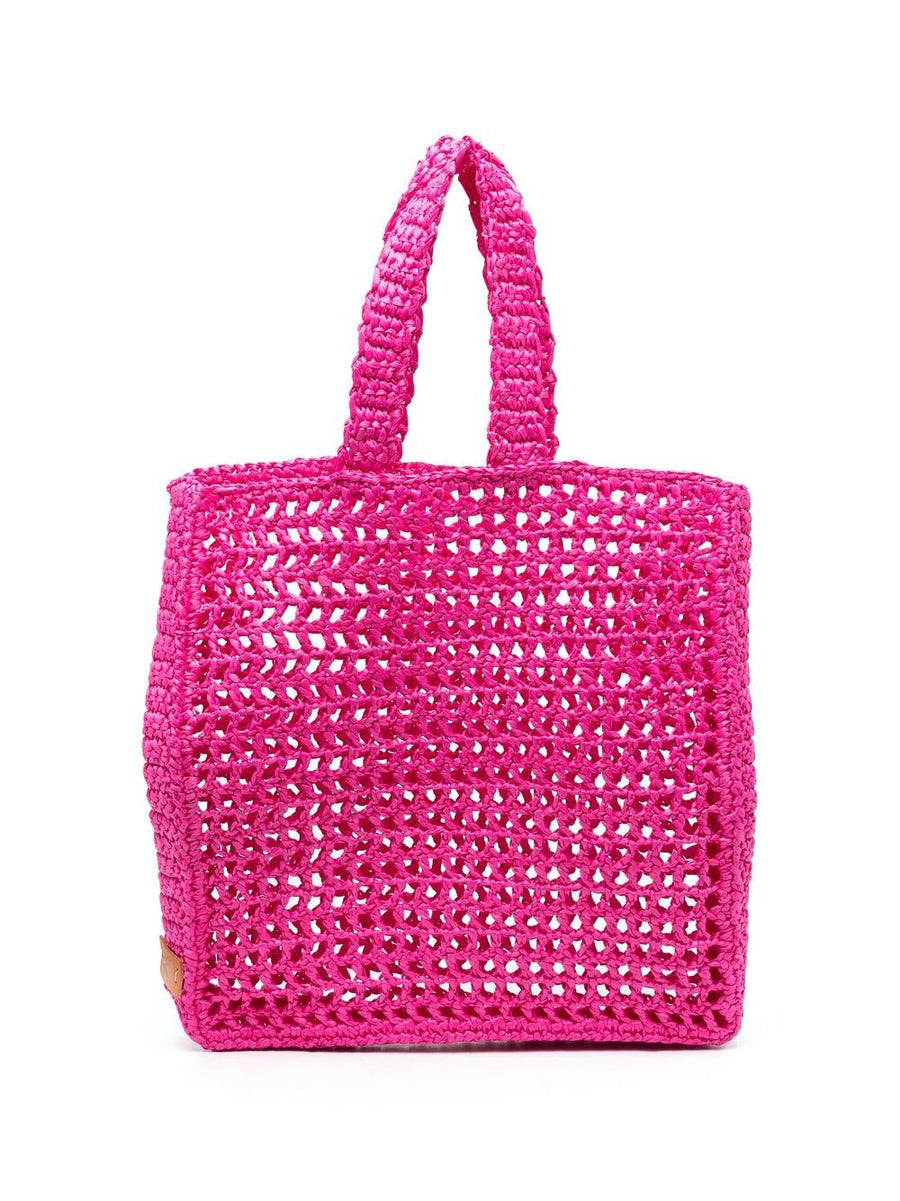 Chica Raffia Straw Handbag Lightweight Resort Tote in Fuchsia Open Knit Design for Women