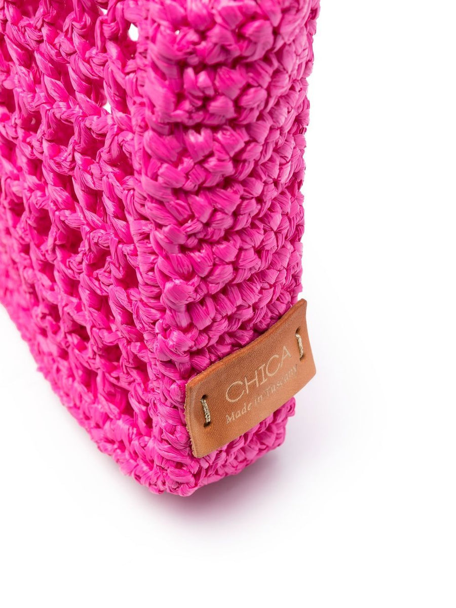 Chica Raffia Straw Handbag Lightweight Resort Tote in Fuchsia Open Knit Design for Women