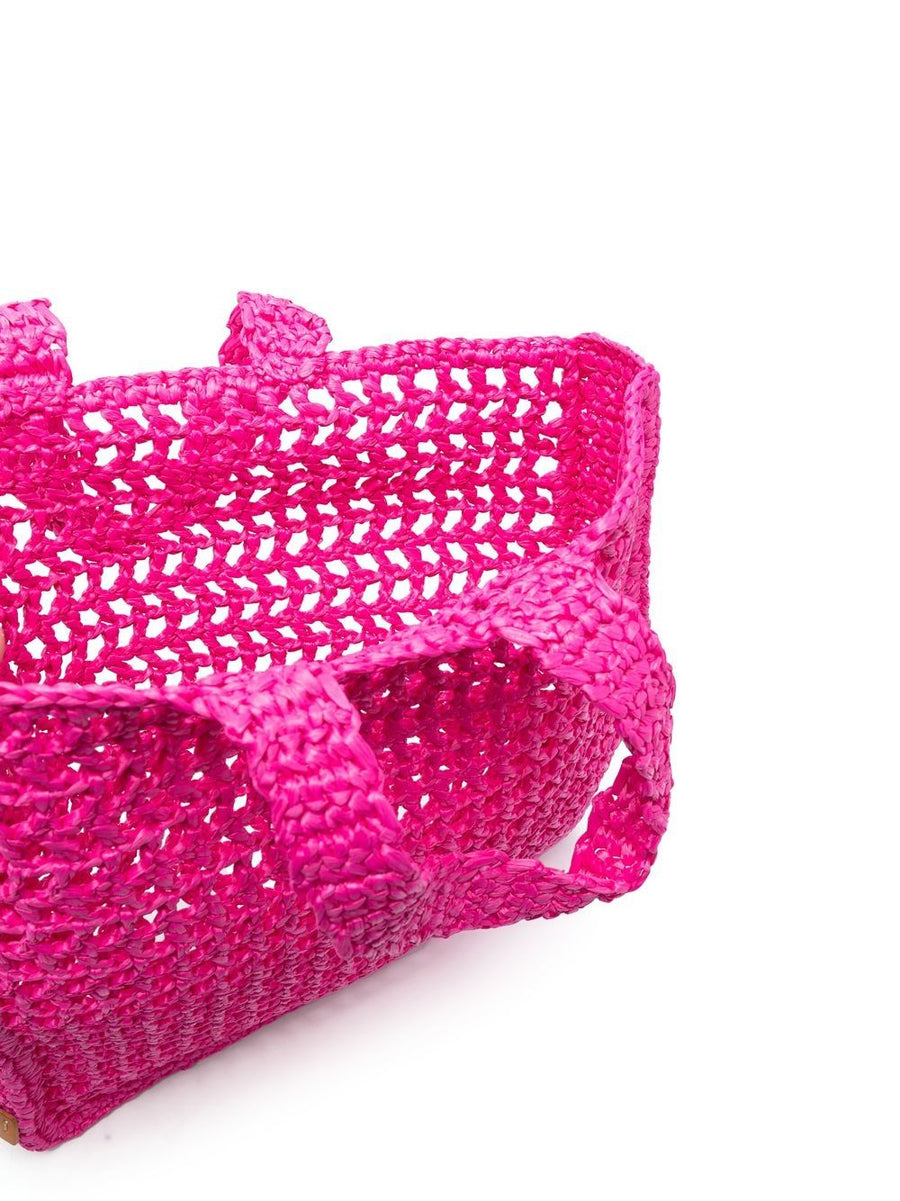 Chica Raffia Straw Handbag Lightweight Resort Tote in Fuchsia Open Knit Design for Women